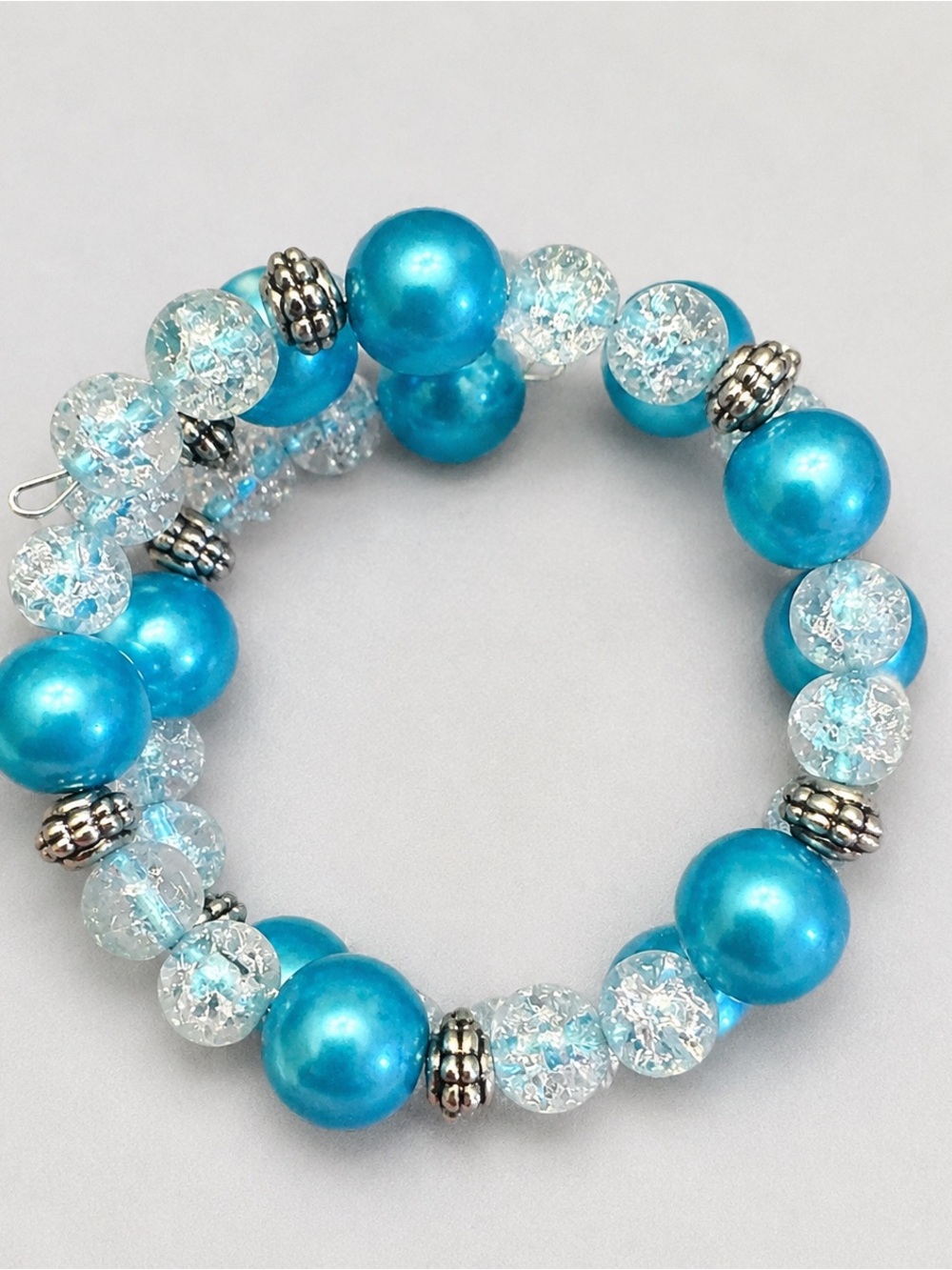 Turquoise Blue & Clear Beaded Metal Wire Wrap Bracelet